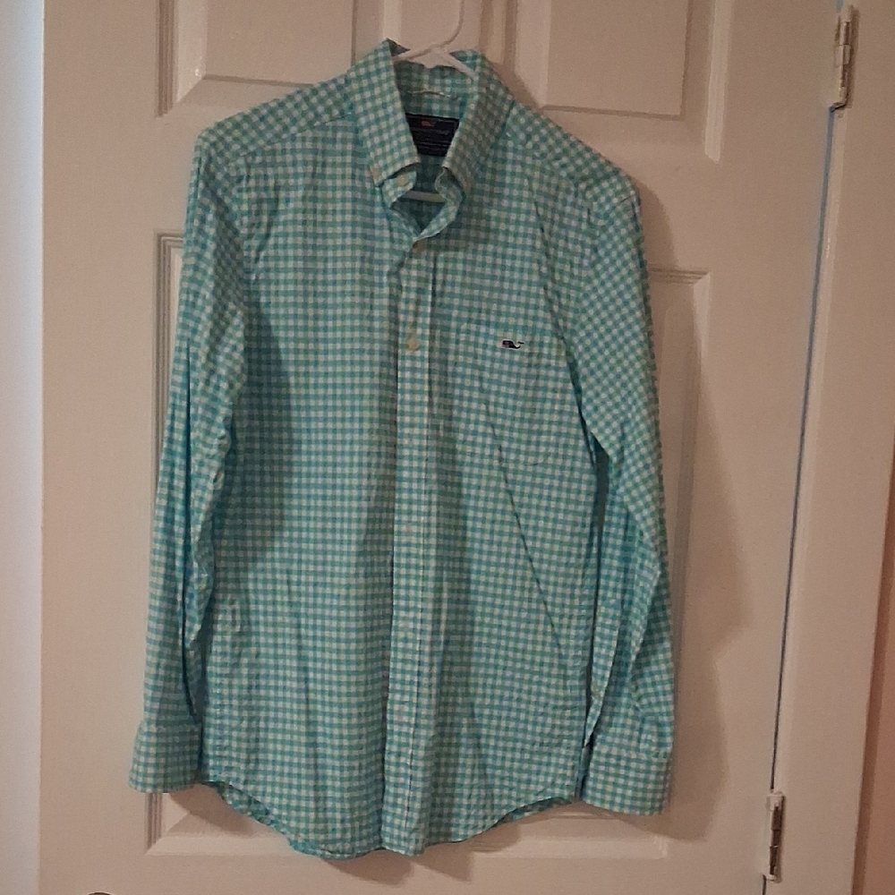 Vineyard Vines Aqua Checkered Button Down Shirt